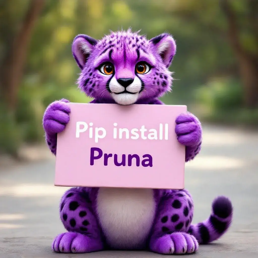 a purple cheetah holding a sign that says "pip install pruna"