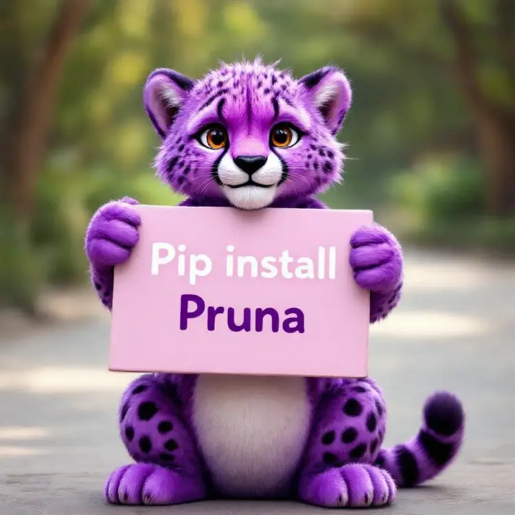 a purple cheetah holding a sign that says "pip install pruna"