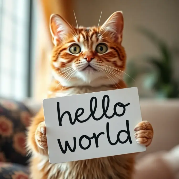 a cat holding a sign that says hello world