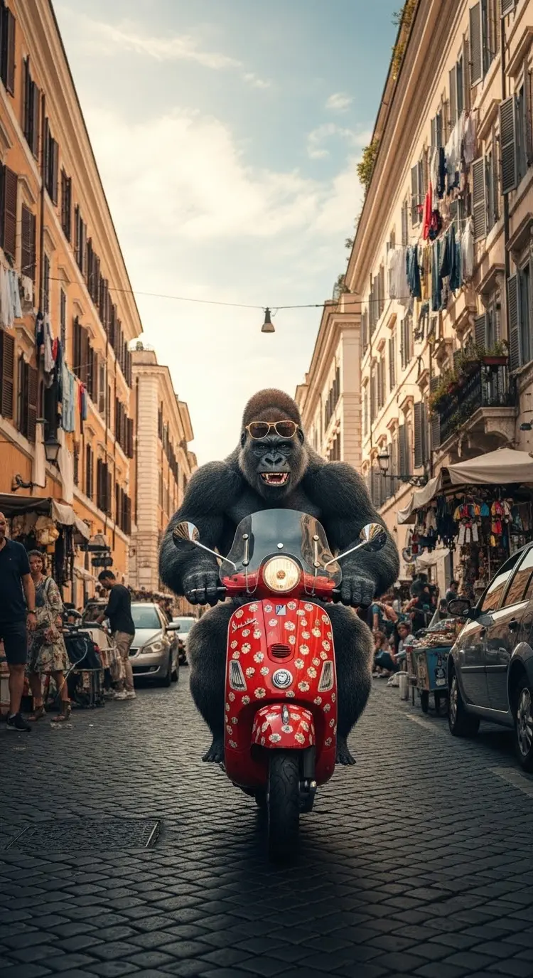 gorilla riding a moped through busy italian city