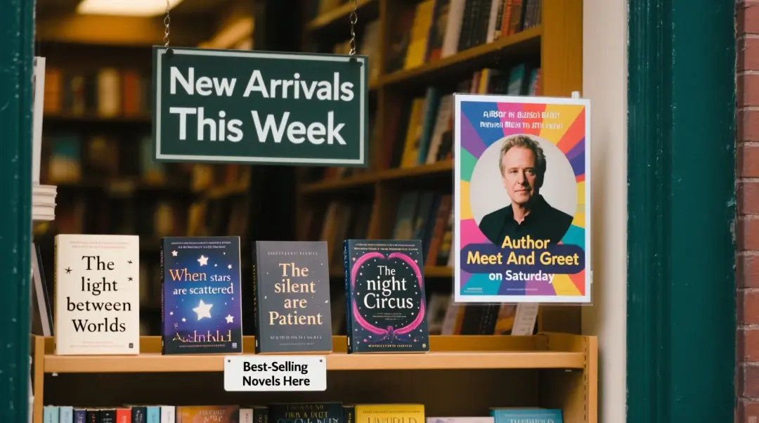 Bookstore window display. A sign displays “New Arrivals This Week”. Below, a shelf tag with the text “Best-Selling Novels Here”. To the side, a colorful poster advertises “Author Meet And Greet on Saturday” with a central portrait of the author. There are four books on the bookshelf, namely “The light between worlds” “When stars are scattered” “The slient patient” “The night circus”