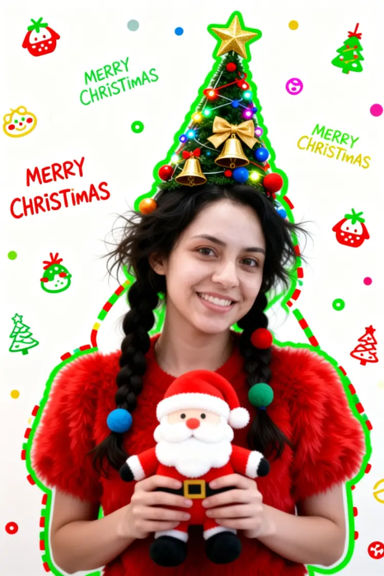 Generate a Christmas-themed image of a beautiful young girl with a "pure desire" (innocent yet alluring) aesthetic. Keep the face consistent with the reference.
Character Appearance & Styling
Hair: Loose, low double-braids decorated with colorful fabric balls. Messy, fluffy strands of hair blend naturally with the headpiece.
Headpiece: A small, neat, cone-shaped Christmas tree fixed to the top of her head. It features a gold star on top and is richly decorated with colorful lights, gold bells, bow knots, and small red, blue, and gold ornaments.
Face & Makeup: Fair "cold-white" skin, smooth as jade. Natural red-brown eyeshadow gradient. An innocent gaze with a dreamy "pure desire" filter.
Clothing: A soft, fluffy red plush top.
Pose & Atmosphere
Action: Holding a Santa Claus plush toy with both hands. She is tilting her head slightly in a playful, cute, and beautiful pose.
Expression: Full of festive celebration; a contrast of cuteness and sexiness.
Vibe: A warm, healing Christmas atmosphere.
Technical & Artistic Style
Photography: Studio soft lighting, 70mm film portrait style. Low contrast, low saturation, delicate film grain, and slight chromatic aberration/glow.
Composition: Medium shot, warm white background, unique but formal composition.
Artistic Elements: * The outline of the character is traced with green graffiti.
The surrounding white space is filled with cute hand-drawn Christmas doodles (collage style).
The silhouette is wrapped in fluorescent red, green, and gold dashed lines and polka dots.
The words "MERRY CHRISTMAS" are written everywhere in a cute font.