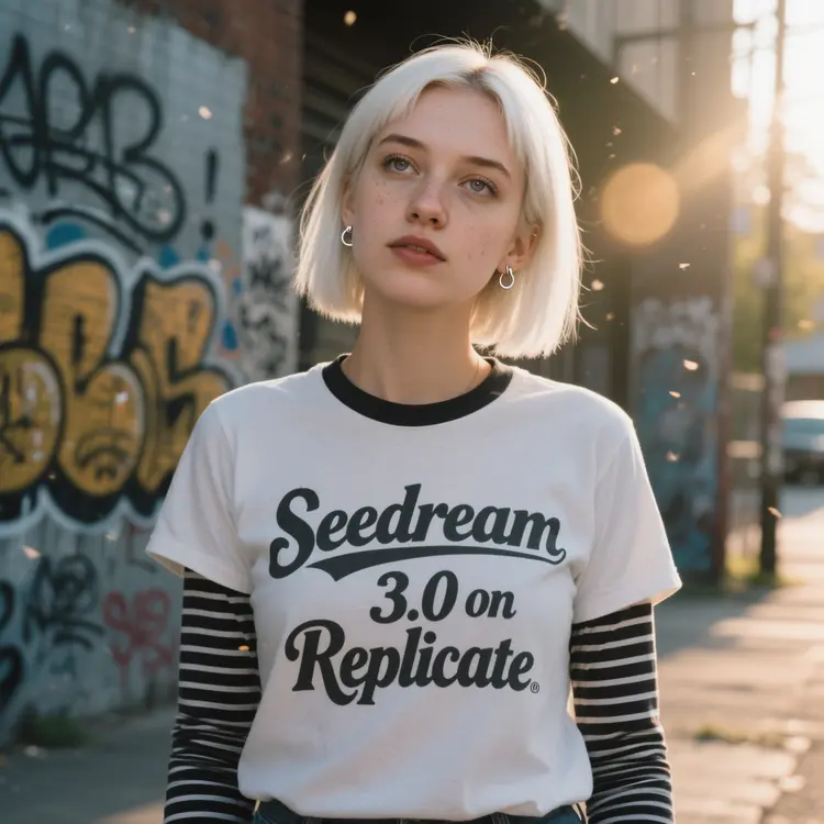 A cinematic, photorealistic medium shot capturing the nostalgic warmth of a mid-2000s indie film. The focus is a young woman with a sleek, straight bob haircut in cool platinum white with freckled skin, looking directly and intently into the camera lens with a knowing smirk, her head is looking up slightly. She wears an oversized band t-shirt that says "Seedream 3.0 on Replicate" in huge stylized text over a long-sleeved striped top and simple silver stud earrings. The lighting is soft, golden hour sunlight creating lens flare and illuminating dust motes in the air. The background shows a blurred outdoor urban setting with graffiti-covered walls (the graffiti says "seedream" in stylized graffiti lettering), rendered with a shallow depth of field. Natural film grain, a warm, slightly muted color palette, and sharp focus on her expressive eyes enhance the intimate, authentic feel