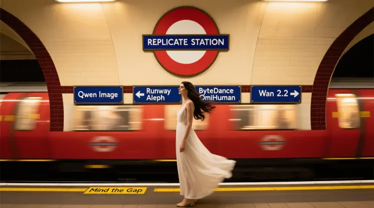 A cinematic photograph of a London Underground tube station platform with the main focus on a large TfL red roundel sign reading "REPLICATE STATION" in white Johnston typeface, below it are four classic blue and white enamel directional signs in a horizontal row reading "Qwen Image," "Runway Aleph," "ByteDance OmniHuman," and "Wan 2.2" each with white directional arrows, an elegant woman in a flowing white dress stands on the platform with her long dark hair and dress caught in motion from the wind of a red tube train passing behind her in motion blur, the composition emphasizes the prominent station signage in the upper portion of the frame, characteristic curved tunnel walls with Victorian cream and burgundy tiles, warm golden tungsten lighting creating atmospheric glow, the yellow "Mind the Gap" safety line visible on the platform edge, shot with shallow depth of field focusing on the signage and woman while the moving train creates streaked motion blur in the background
