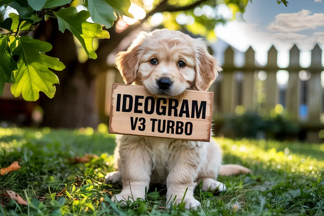 a photo of a puppy holding a sign that says "Ideogram v3 turbo"