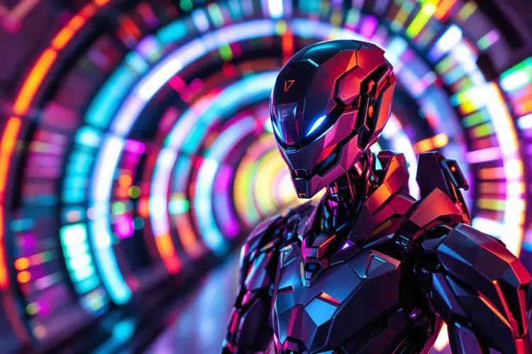 a futuristic robot with a metallic, angular design, set against a background of vibrant, colorful light effects that appear to be emanating from a tunnel or corridor