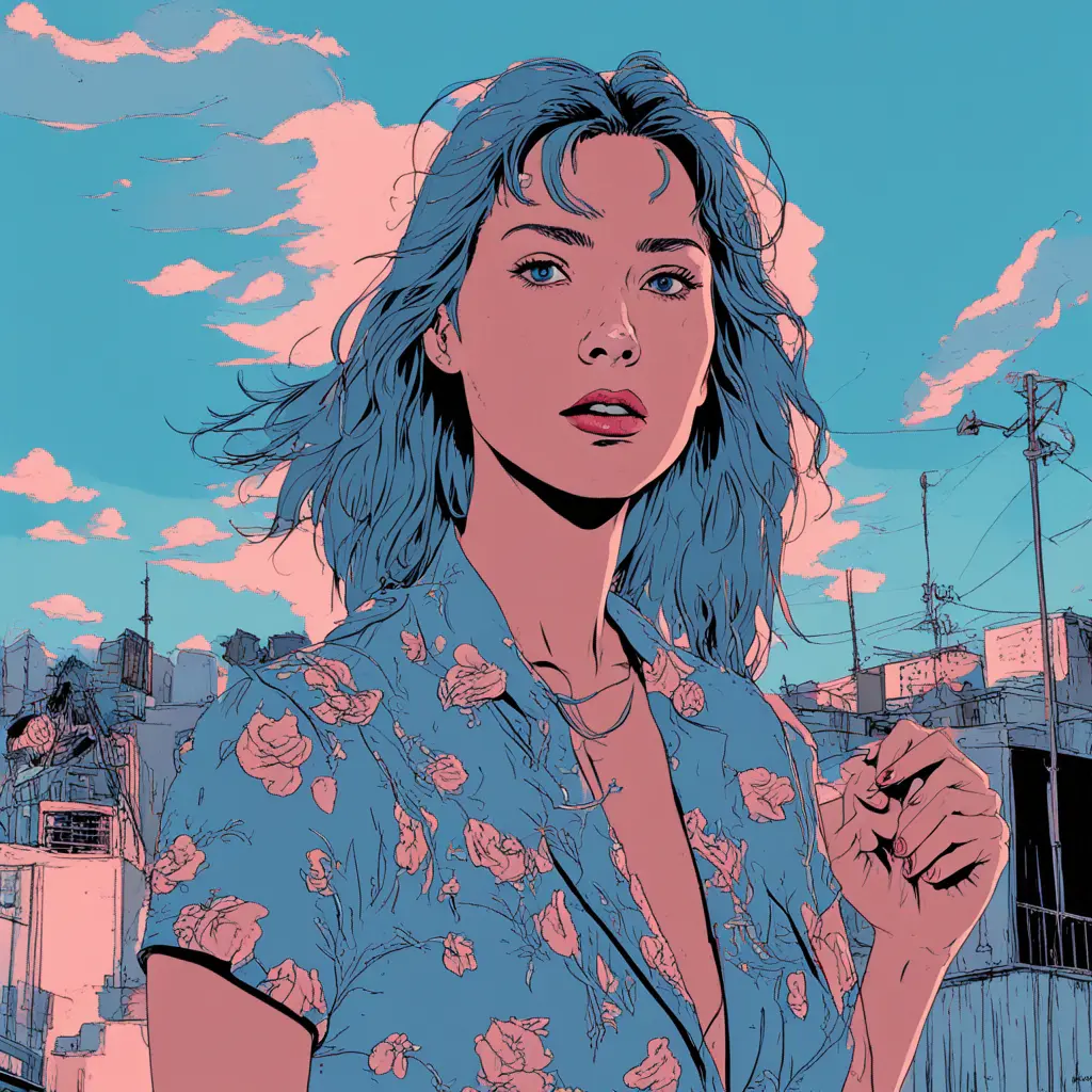 shot in the style of sksfer, a woman, blue sky