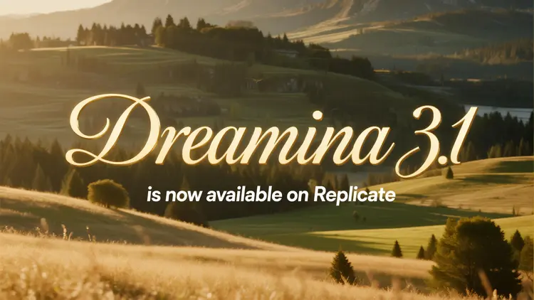 the words "Dreamina 3.1" as the title, below it the text "is now available on Replicate" in script handwritten 3D gold letters hovering on a landscape, exquisite typography