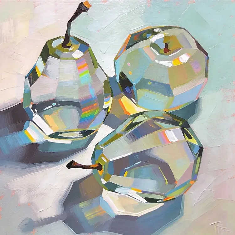 an abstract modern art painting of glass fruit, the glass shines with an iridescent flare, the fruit is transparent