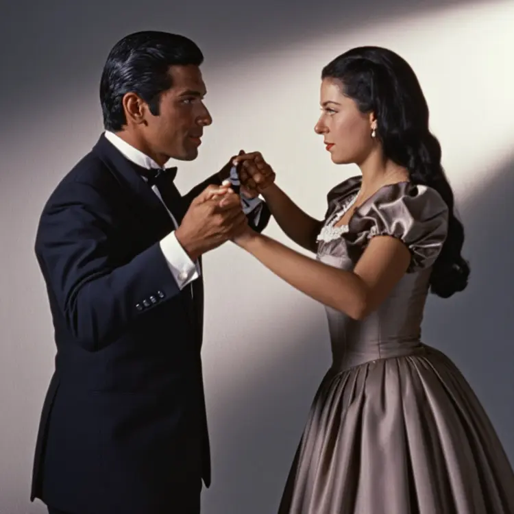 t3chnic4lly A couple dancing in a ballroom with soft lighting and period costumes.