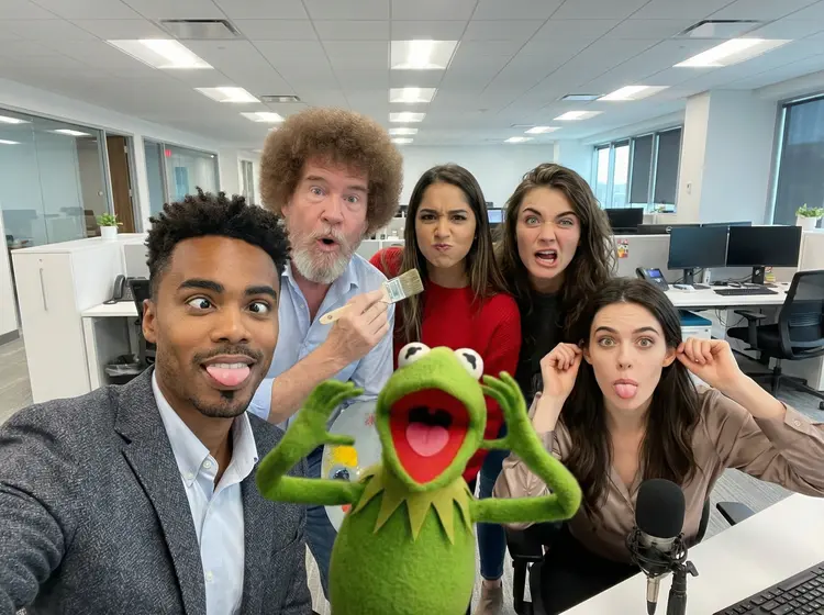 an office team photo, everyone making a silly face