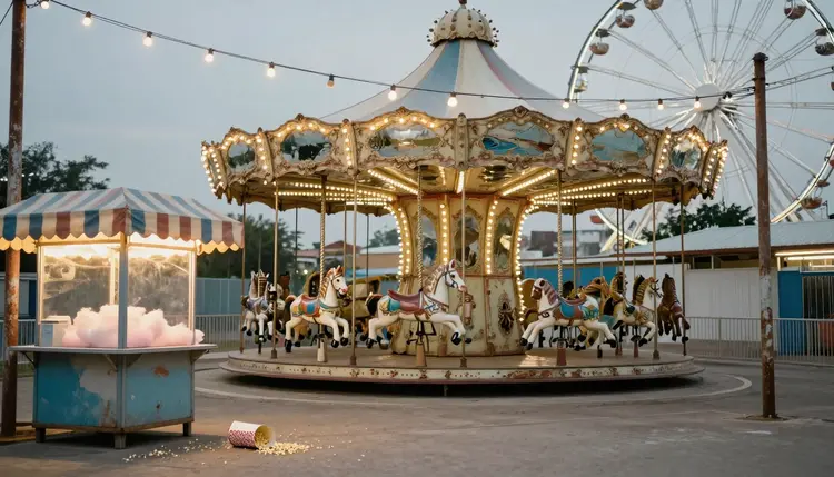 A quiet amusement park at night, illuminated by old string lights that hang loosely between rusted metal poles. The lights cast a warm, nostalgic glow over empty pathways.
A carousel stands still at the center, its painted horses frozen mid-stride. The chipped paint and weathered details suggest years of use. The mirrors on the carousel reflect the lights around it, though the reflections are slightly warped by age.
A cotton-candy stand sits nearby with its striped awning fluttering in a soft breeze. A half-empty popcorn box lies toppled on the ground, its kernels scattered across the pavement. In the distance, a Ferris wheel looms against the night sky, its metal frame outlined by dim bulbs, many of which no longer light up