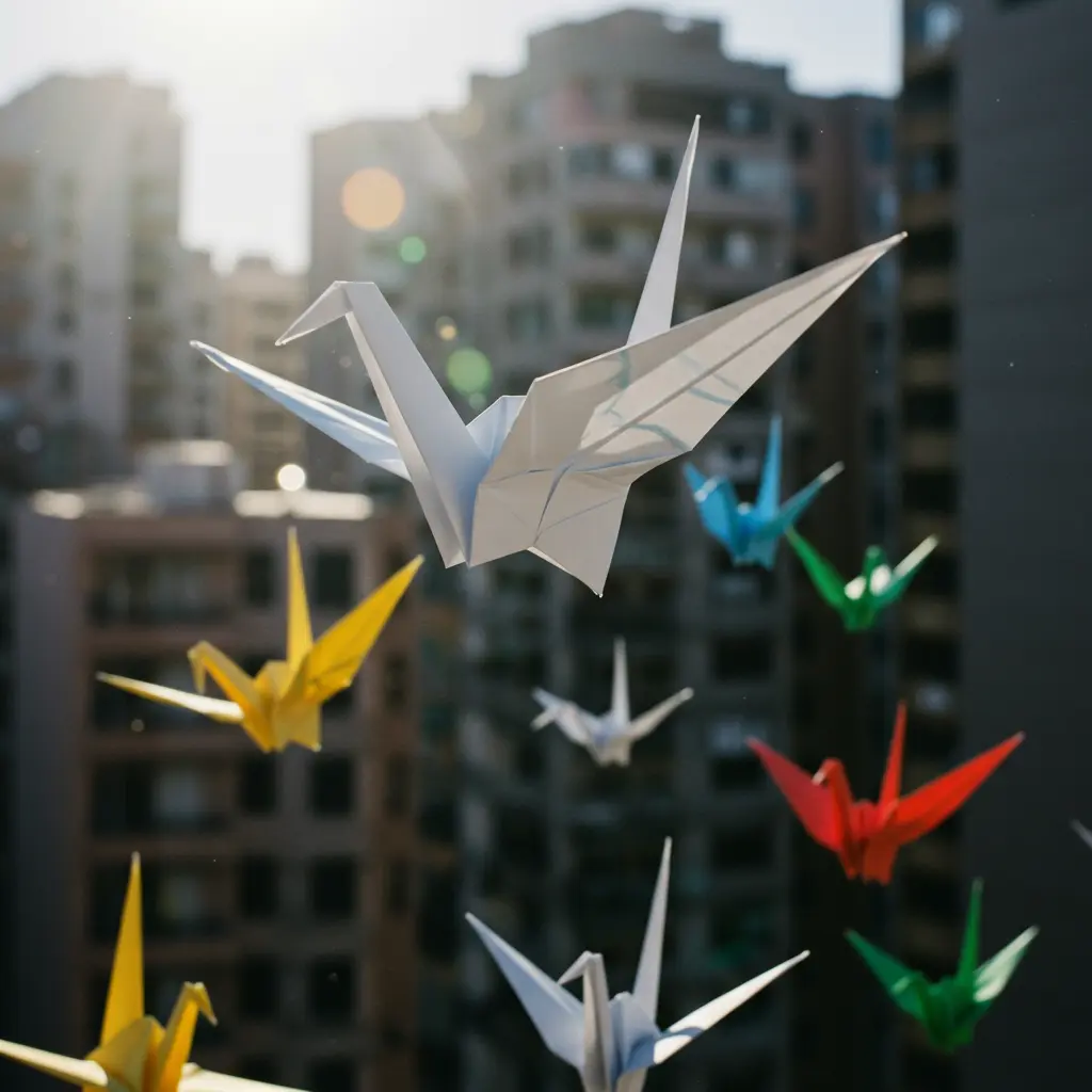 A close-up photo of an origami bird soaring through a cityscape, in a flock with others of different colors and patterns, casting intricate shadows on the buildings below