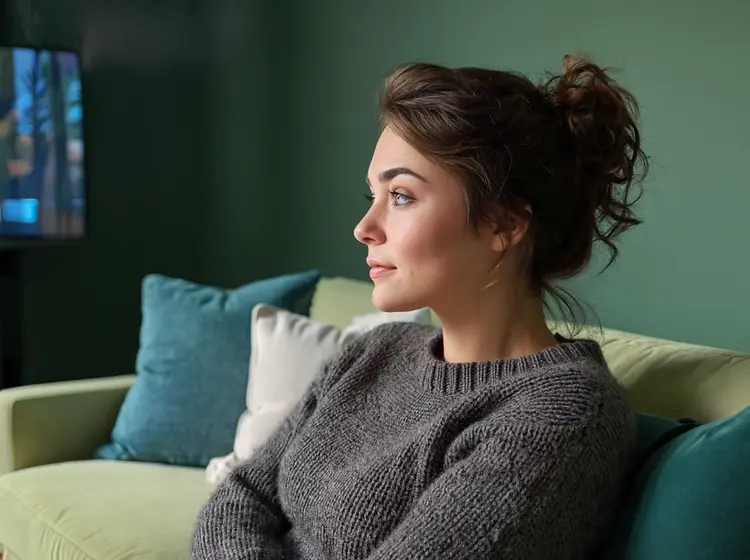a close up portrait of @woman, she is lounging on the sofa in @living_room, it is evening and low light, she is watching TV and the screen illuminates her, seen from a side angle