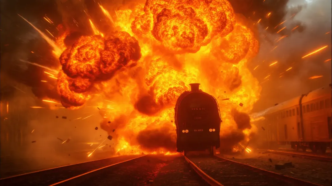 A train car is engulfed in a massive explosion, with flames and smoke billowing into the sky as debris flies in all directions, cinematic photograph, explosive action, high contrast, dynamic lighting.