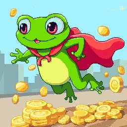 superhero frog leaping with cape billowing collecting coins