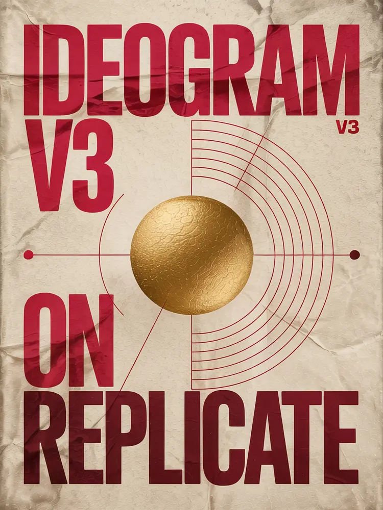 beautiful bauhaus stark typographic poster saying "Ideogram v3 on Replicate", pink and gold