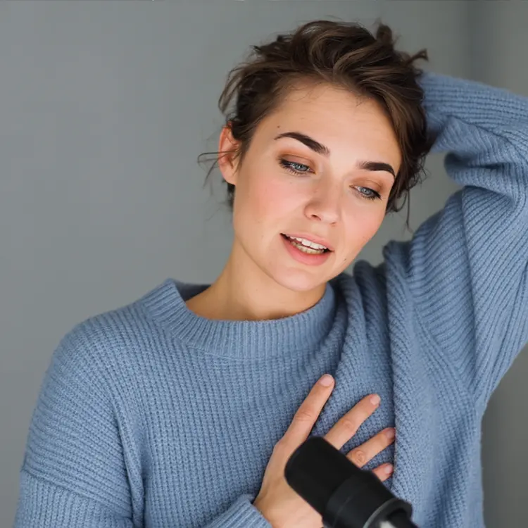 she is hosting a podcast in a blue sweater