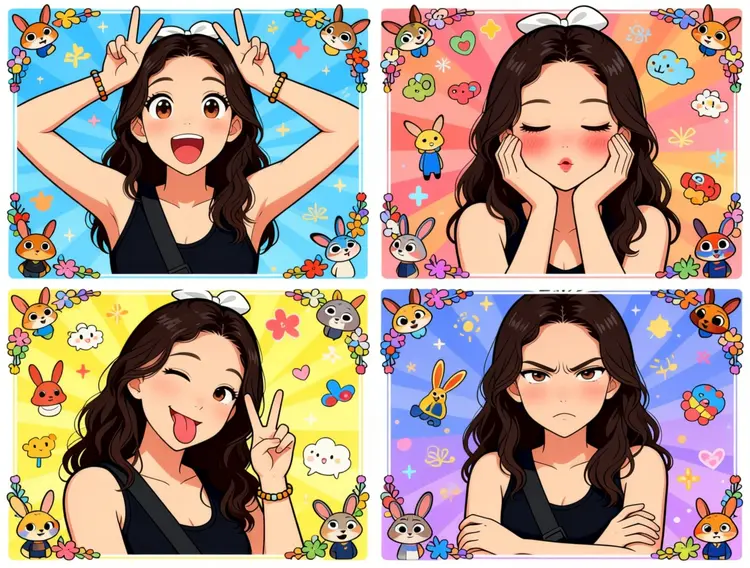 Generate a four-panel grid (2x2) image. The requirements are as follows:
Character & Panels
The character should remain consistent with the reference image, presented across four panels with different poses and expressions:
Top Left: Both hands raised above the head making double "V" (peace) signs. Eyes are wide open, mouth is open, showing a surprised and lively expression.
Top Right: Both hands cupping the cheeks. Eyes are slightly closed, mouth is pouting, and cheeks have a red blush, showing a cute and coquettish look.
Bottom Left: Head tilted slightly, one eye winking, tongue sticking out, and one hand making a "V" sign. A playful and mischievous look.
Bottom Right: Arms crossed over the chest. Brows are slightly furrowed, mouth is pouting, showing a slightly proud and "tsundere" (aloof but cute) expression.
Styling & Aesthetics
Clothing: Remains the same as in the reference image.
Background: A colorful background filled with cute cartoon elements like Zootopia.
Art Style: Overall 2D anime/manga style. Colors are vibrant, and the style is sweet and "healing" (comforting).
Details: Each small panel has an exquisite cartoon border decoration, filled with a sense of childhood wonder.