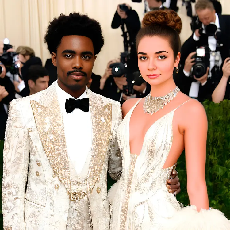 at the Met Gala, dressed in very fancy outfits, captured in a full body shot
