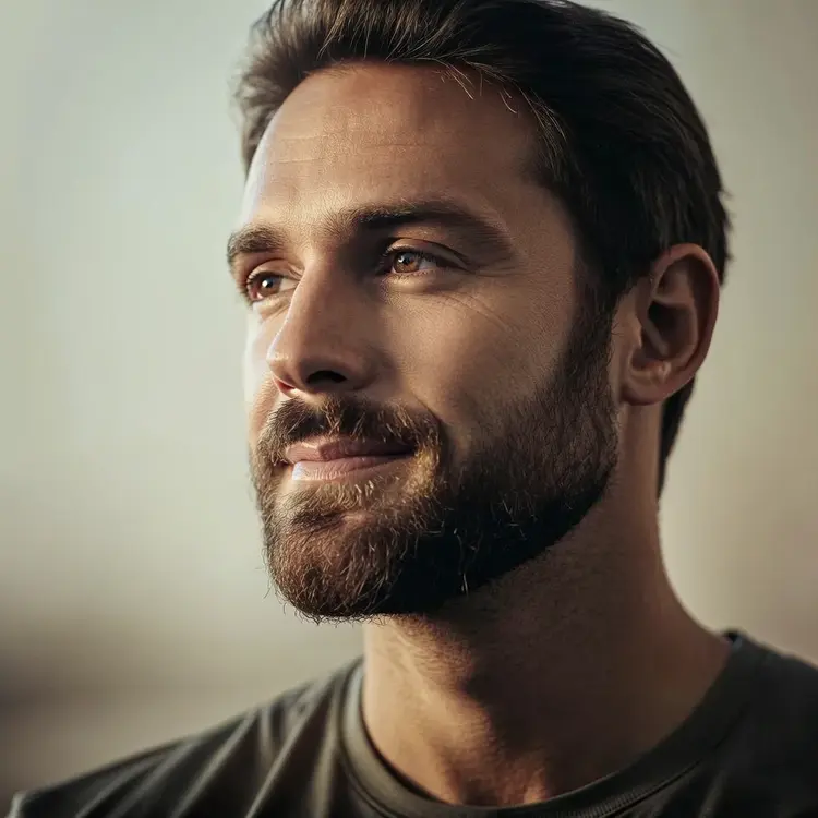An man with beard, his face turned towards soft morning light, a feeling of serenity and confidence, minimalist background.