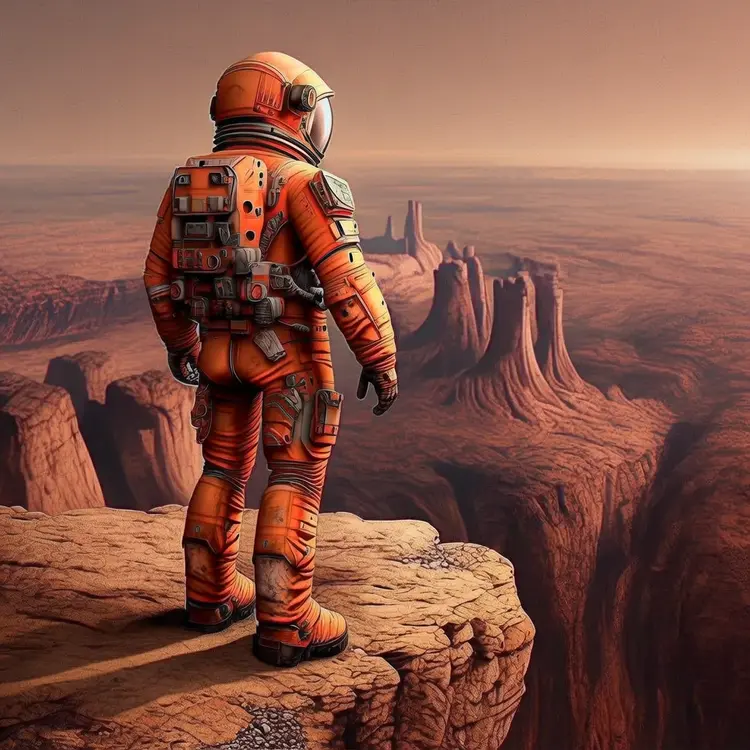 hyper realistic ultra detailed digital illustration back-view of an astronaut with an orange suit standing on a cliff of an alien planet overlooking a majestic martian landscape