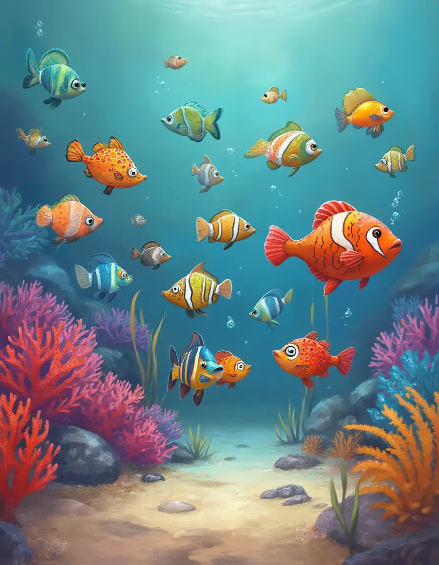 Cartoon-style underwater scene with colorful fish and coral