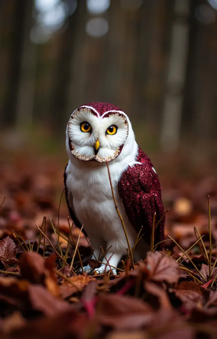 a white owl with glittery dark red wings