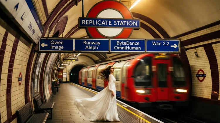 A cinematic photograph of a London Underground tube station platform with the main focus on a large TfL red roundel sign reading "REPLICATE STATION" in white Johnston typeface, below it are four classic blue and white enamel directional signs in a horizontal row reading "Qwen Image," "Runway Aleph," "ByteDance OmniHuman," and "Wan 2.2" each with white directional arrows, an elegant woman in a flowing white dress stands on the platform with her long dark hair and dress caught in motion from the wind of a red tube train passing behind her in motion blur, the composition emphasizes the prominent station signage in the upper portion of the frame, characteristic curved tunnel walls with Victorian cream and burgundy tiles, warm golden tungsten lighting creating atmospheric glow, the yellow "Mind the Gap" safety line visible on the platform edge, shot with shallow depth of field focusing on the signage and woman while the moving train creates streaked motion blur in the background