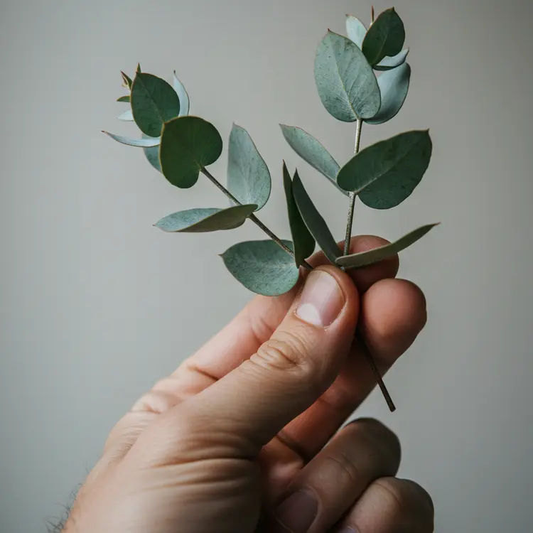 A view of a person's hand holding a eucalyptus sprig - a macro DSLR image
highlighting the balance of human and nature