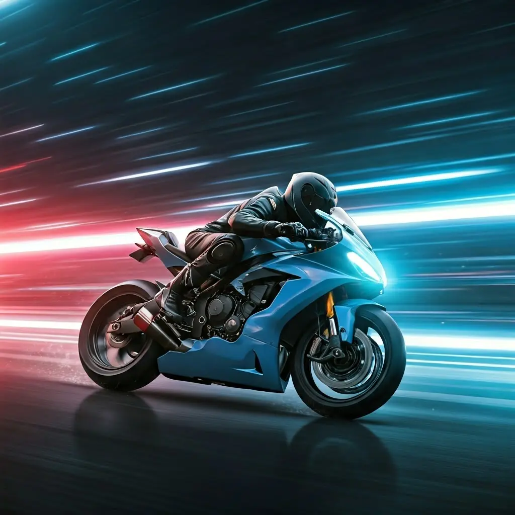 Racing motorcycle blazing through neon-lit streets at night, leaving trails of light in its wake. Wind-whipped rain streaks horizontally across the frame, creating a sense of intense velocity. The rider's leather jacket ripples violently against the air resistance, barely visible through the speed blur. Everything in the background is reduced to stretched lines of color, emphasizing the pure forward momentum.