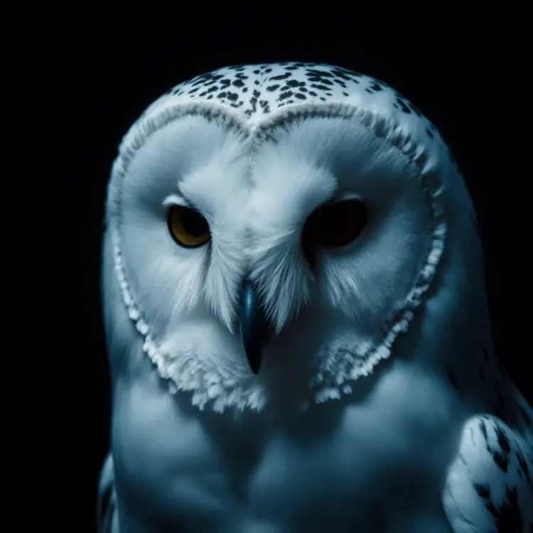 White owl, close up portrait, mysterious ghost like owl, low contrast, cinematic dark moody photo, slight blue color grading