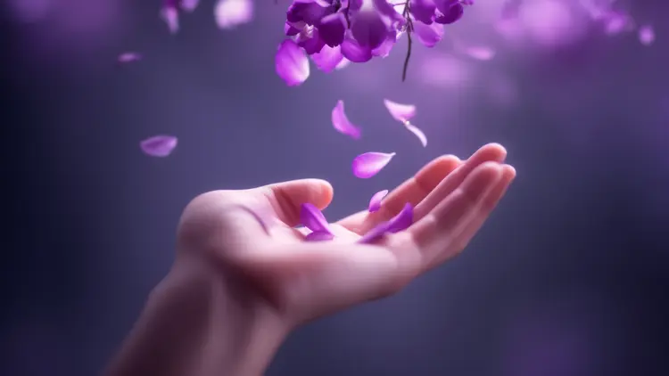 Hand reaching up for falling purple flower petals, subdue, realistic camera
