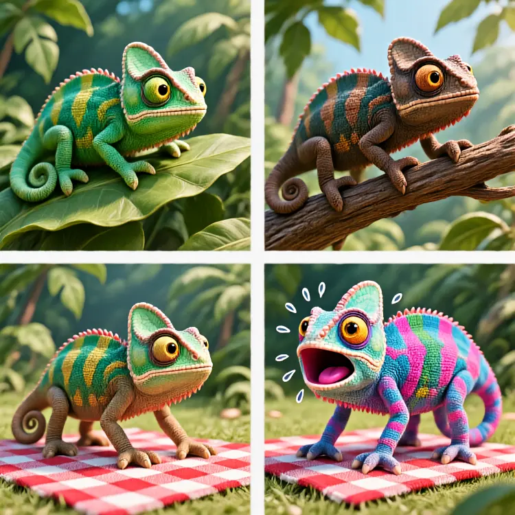 A cartoon consisting of four panels, arranged in a 2x2 grid, depicts a chameleon's dilemma. Top left: A cartoon-style chameleon rests on a broad, emerald green leaf. Its skin, the exact same green color, with light green texture details, creates perfect camouflage, almost blending in with the background. The chameleon's large eyes flicker curiously, its body relaxed against a backdrop of blurred green jungle. Top right: The same chameleon climbs from the edge of the leaf onto a rough, dark brown branch. Its body has completely transformed to the same dark brown as the branch, and its skin mimics the texture of bark. Its head is slightly raised, its mouth curled upward, and its eyes reveal a look of pride and satisfaction. Bottom left: The chameleon confidently approaches a picnic blanket spread on the grass. One of its front paws has already stepped onto the blanket, which features a red and white checkered pattern. The chameleon's body, still brown, is about to fully step onto the intricately patterned fabric, its expression filled with anticipation. Bottom right: The chameleon stands perfectly in the center of the red and white checkered picnic blanket. Its color system has malfunctioned, and its body surface rapidly and chaotically flashes through a variety of colors and patterns, including neon pink spots, electric blue stripes, and pixelated blocks, completely failing to match the checkered background. Its eyes are wide open, its mouth gaping in a frightened O shape, and animated lines and beads of sweat appear around its body, indicating panic. The overall image exhibits the clean lines and vibrant colors of a four-panel comic book.