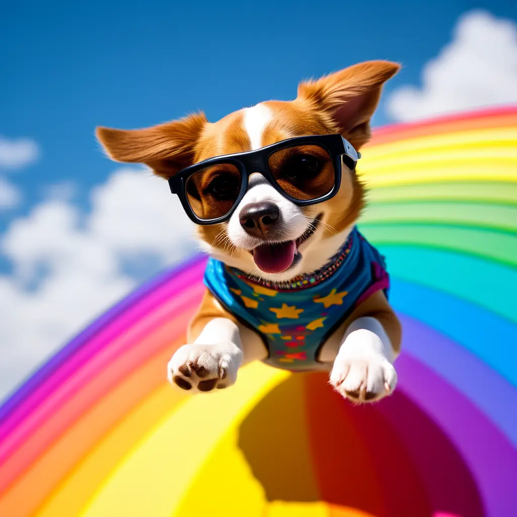 🐶 Wearing 🕶 flying on the 🌈