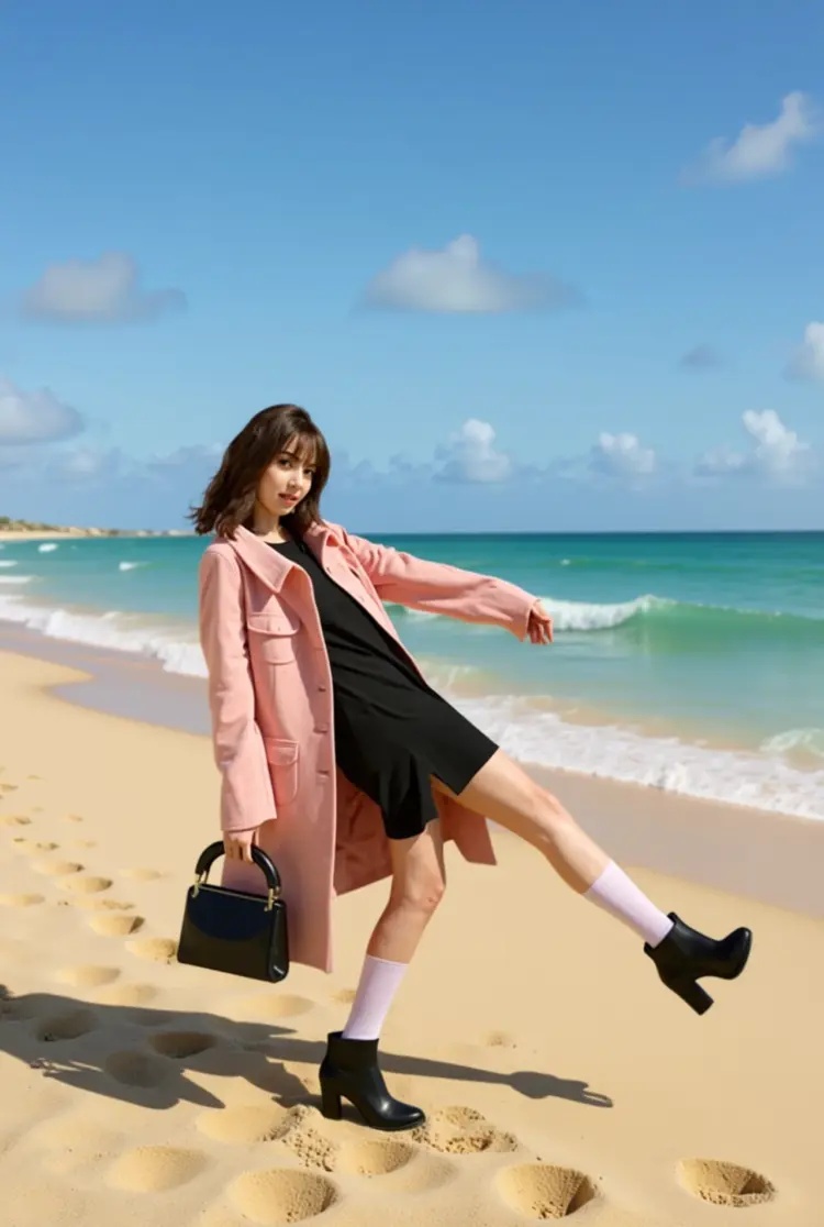 Replace the background with a sunny beach scene featuring fine sand, gentle waves, and a clear blue sky.