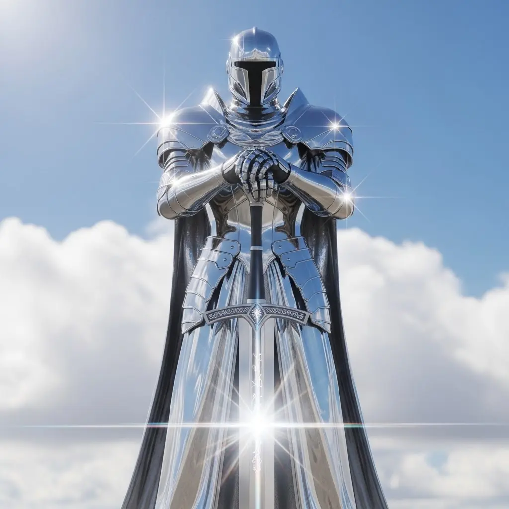 A towering, futuristic armored knight standing against a backdrop of bright blue sky and soft, puffy white clouds. The knight is fully encased in a hyper-polished, chrome-like reflective armor that gleams with pristine clarity—so reflective it captures subtle distortions of the clouds and light around it. The armor design is sleek, smooth, and seamless, evoking both medieval plate armor and high-tech sci-fi aesthetics. The helmet is full-face, with no visible eyes or features, completely blacked-out visor or void-like front, giving it a mysterious and intimidating presence. The figure wears a long, flowing cloak made of the same mirror-chrome material—fluid and draped like silk, yet structured, catching the light in sharp, star-like flares across its surface. The knight stands regally, both hands resting on the pommel of a massive broadsword planted in the ground before them. The sword is symmetrical, grand, and glowing with an ethereal white light at its core. The blade emits a radiant, prismatic flare—a spectrum of light beams radiating outward, refracting into rainbow hues at the edge of the light. The hilt of the sword is ornately crafted, echoing the chrome aesthetic but encrusted with subtle runes or technological etchings that glow faintly. The atmosphere is surreal, almost celestial, as if the knight is standing on a high mountaintop or floating in a divine realm. The lighting is crisp and heavenly, with intense sun reflections casting dramatic highlights across the armor and cloak, creating lens flare effects and sparkles at several points on the knight's body, especially around the shoulders, hands, and sword. The proportions of the knight are slightly exaggerated—taller and broader than a human, evoking a sense of power and reverence. The entire scene is composed symmetrically, with the figure dead center, vertical, and monolithic, like a statue of an angelic guardian forged in another dimension. The mood is solemn, noble, and epic, blending themes of ancient chivalry with cosmic futurism. Unreal Engine 5 lighting 8K resolution hyperrealism cinematic wide angle lens high contrast volumetric lighting HDR reflections celestial / divine aesthetic chrome texture material standing figure centered, low-angle view for dramatic scale
