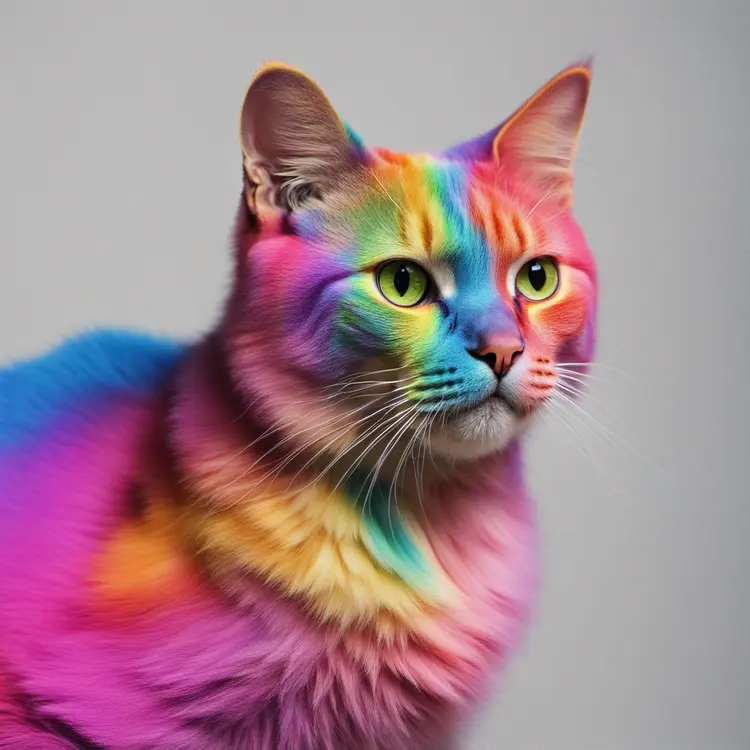A studio photo of a rainbow coloured cat