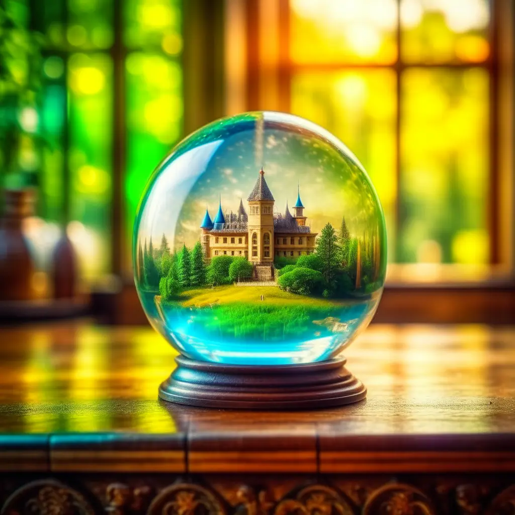 glass ball, on a wooden table, fantastic castle, blurry and dreamy illustration, in a miniature country, round window, ornate palace of greenery, whimsical design 