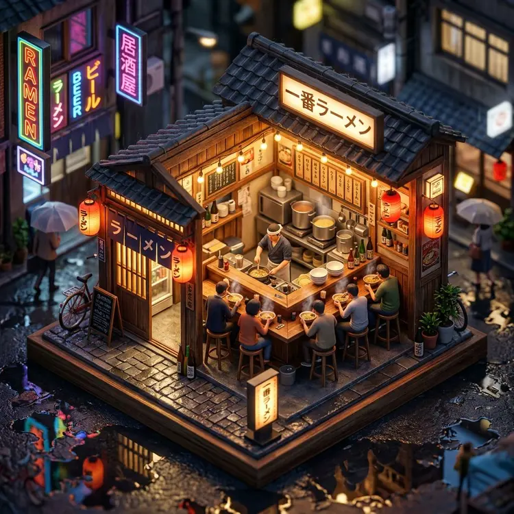 An isometric 3D miniature diorama of a cozy Japanese ramen shop at night. Warm light spills from the entrance. Tiny detailed figures sit at the counter. Steam rises from bowls of ramen. Rain puddles reflect neon signs on the street. Tilt-shift photography effect.