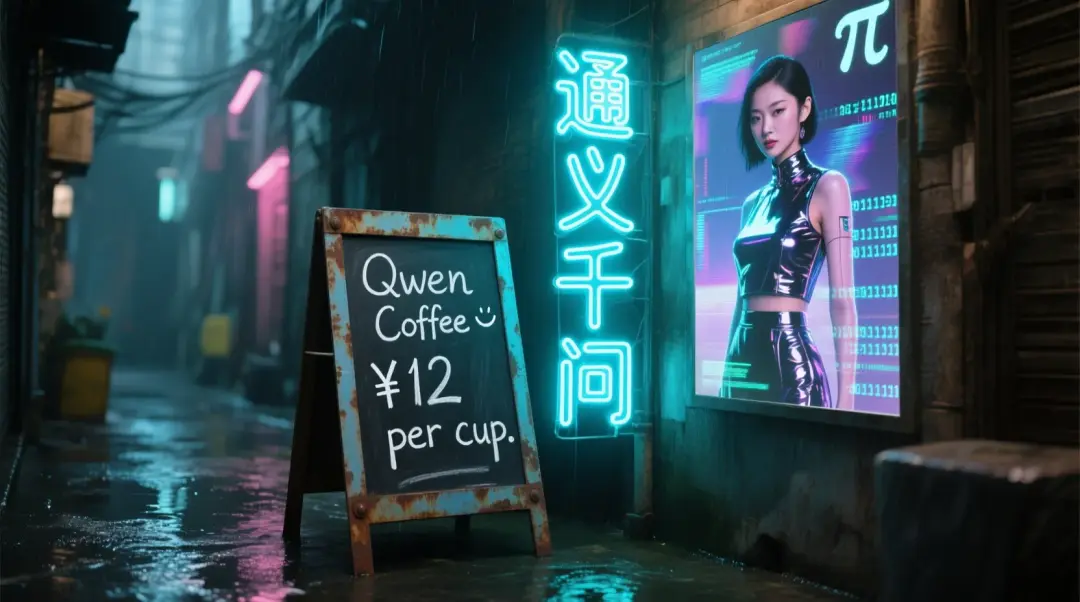 A rain-slick, neon-soaked back-alley entrance. A rust-patched metal sandwich-board shows the chalkboard message in glowing white chalk: “Qwen Coffee 😊 ¥12 per cup.” A pulsing cyan neon tube spells “通义千问” in simplified Chinese characters. Next to it, a holographic poster flickers between images of a cyberpunk Chinese woman in reflective vinyl, then to scrolling digits of π that glitch every few seconds.