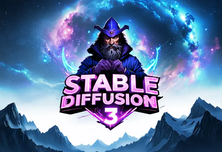 an epic logo for "STABLE DIFFUSION 3", depicting a space wizard in the style of a nebula background with blue and purple neon text on a white glowing background floating over a mountain range