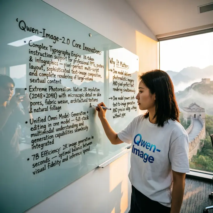 A wide-angle smartphone photograph of a modern glass whiteboard mounted on a wall inside a bright, airy office room with floor-to-ceiling windows overlooking the Great Wall of China winding across misty mountain ridges at golden hour — warm sunlight casts soft reflections and long shadows across the scene.\nCentered in the frame, a woman in her late 20s wearing a relaxed-fit white t-shirt prominently featuring a sleek “Qwen-Image” logo in gradient blue typography is writing on the board with a fine-tip magnetic stylus.\nHer handwriting is natural, slightly imperfect, and expressive — with visible pressure variation, subtle smudges, and organic line weight — conveying authentic human authorship.\nIn the lower-left corner of the glass surface, the photographer’s faint but unmistakable reflection appears: blurred outline of a person holding a phone at arm’s length, capturing the moment.\n\nOn the left side of the whiteboard, clean, legible handwritten text appears in dark gray marker with exceptional stroke fidelity:\n’Qwen-Image-2.0 Core Innovations:\n• Complex Typography Engine: 1K-token instruction support for professional PPTs, posters & infographics — pixel-perfect multi-script layout, sophisticated text-image composition, and complete rendering of large-volume textual content\n• Extreme Photorealism: Native 2K resolution (2048×2048) with microscopic detail on skin pores, fabric weave, architectural textures & natural foliage\n• Unified Omni Model: Generation + editing in one model — full-stack multimodal understanding and generation capabilities seamlessly integrated\n• 7B Efficiency: 2K image generation in seconds — optimal balance between visual fidelity and inference speed’\n\nOn the right side of the whiteboard, vertically aligned technical notes in crisp marker:\n’Why It Matters:\n→ One model delivers photorealistic imagery AND pixel-perfect text rendering simultaneously\n→ One model powers both text-to-image generation AND precise image editing without pipeline switching\n→ One model unifies deep multimodal understanding AND high-fidelity generation in a single 7B architecture’\n\nIn the bottom-right corner, a hand-drawn schematic in precise strokes:\n’[8B Qwen3-VL Encoder] → [7B Diffusion Decoder] → pixels (2048×2048)’\n— arrows flow with perspective depth, boxes feature soft shading, resolution specs annotated in fine print.\n\nThe glass surface exhibits realistic optical properties.\nBackground includes minimalist wooden shelving with design magazines open to full-bleed infographics — one prominently displays a crisp cover reading “Qwen 3.5” in bold modern typography — and a potted fiddle-leaf fig with individually rendered leaf veins partially visible out-of-focus.