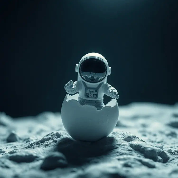 a tiny astronaut hatching from an egg on the moon