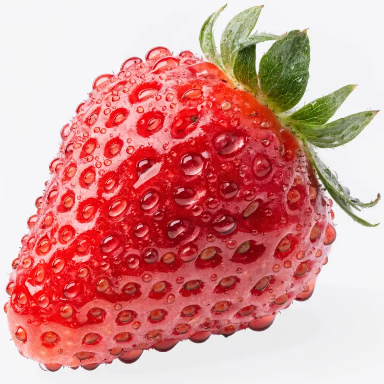 Close-up macro photograph of a fresh strawberry on a white background, water droplets on the surface, vibrant red color, sharp detail on seeds and texture, clean food photography with soft diffused lighting