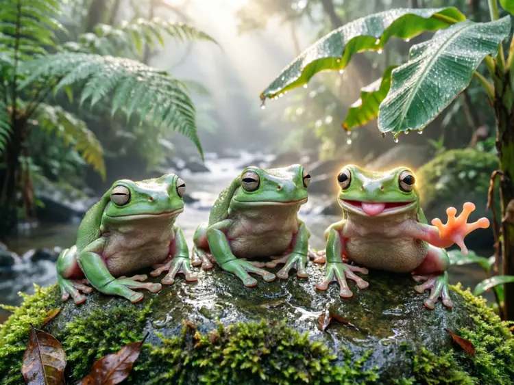 Three green tree frogs perch side by side on a moss-covered rock glistening with moisture: the left frog has its eyes slightly closed and relaxed lips, its smooth-textured skin conveying calmness; the middle frog’s eyelids are half-lowered, its gaze distant and mouth straight, its body faintly shimmering with a misty sheen that suggests aloofness; the right frog’s eyes are wide open, encircled by a soft golden glow, its lips curved into a gentle smile, a pink tongue extending about 3 millimeters, limbs naturally outstretched with clearly visible toe pads, radiating joy. The rock is blanketed in thick, lush green moss, wet and reflective, dotted with tiny water droplets and minute fragments of decaying leaves. In the softly blurred background, a tropical rainforest stream winds through the scene, morning mist drifting like gauze through the mid- and far distance, layers of ferns and banana leaves overlapping, their edges and veins adorned with crystal-clear dewdrops, some slowly sliding down. A slanted ray of morning light pierces through the forest canopy, forming a soft Tyndall beam in the mist that illuminates the frogs’ backs and nearby foliage. The image exhibits a realistic style with ultra-high-definition 8K natural photography quality, precisely controlled depth of field rendering the frogs sharply crisp while the background transitions smoothly into natural bokeh. Colors are richly saturated yet true to life—emerald frogs, deep green moss, warm gray mist, translucent dewdrops, and a delicate golden halo harmoniously 