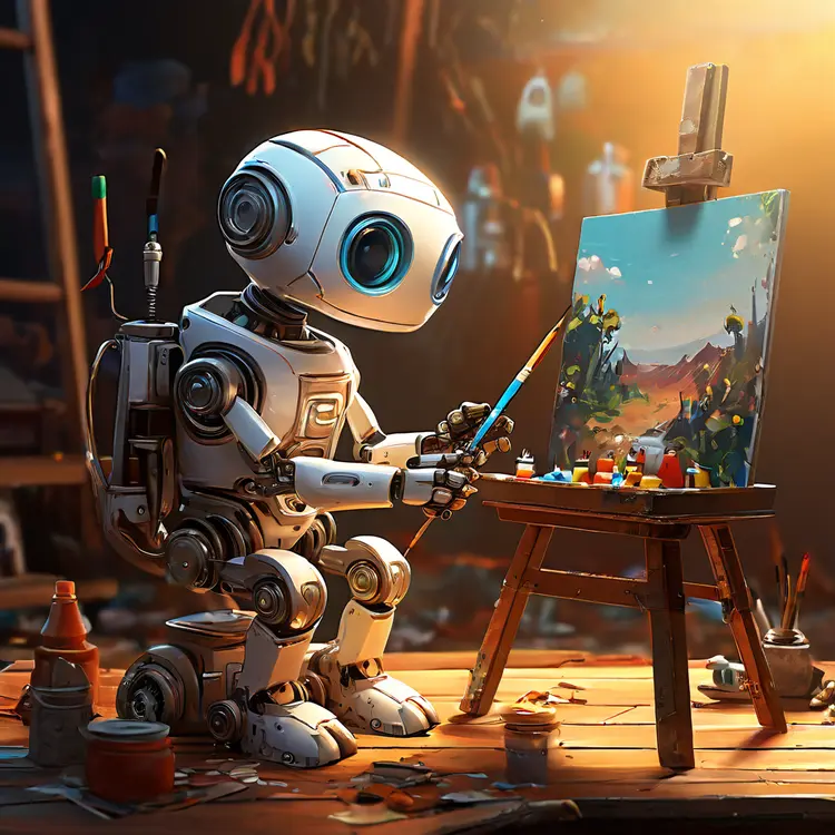 a cute robot artist painting on an easel, concept art