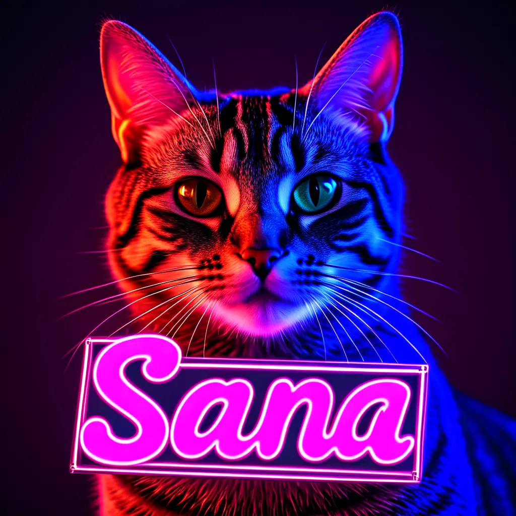 a cyberpunk cat with a neon sign that says "Sana"