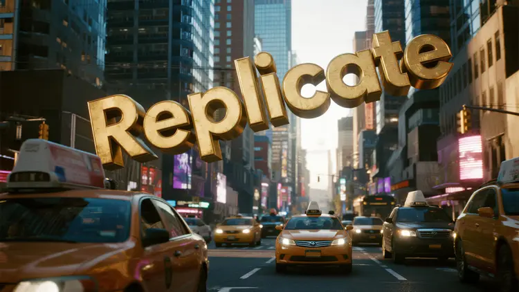 the word "Replicate" in 3D gold letters hovering on a busy city street