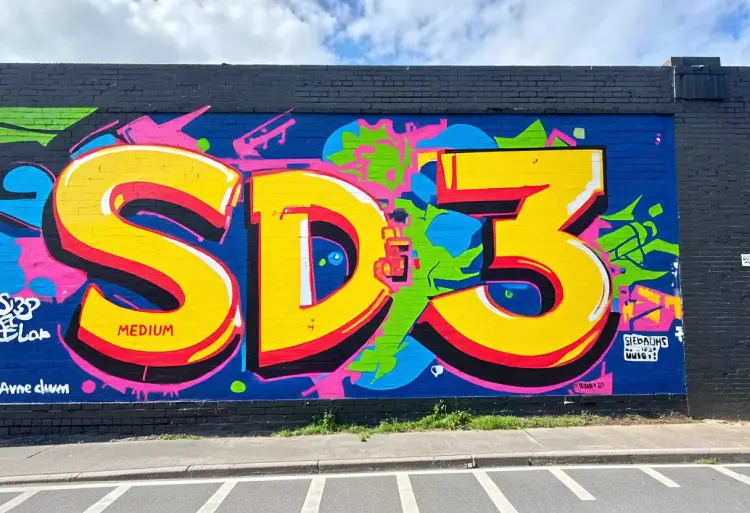 a photo of vibrant artistic graffiti on a wall saying "SD3 medium"